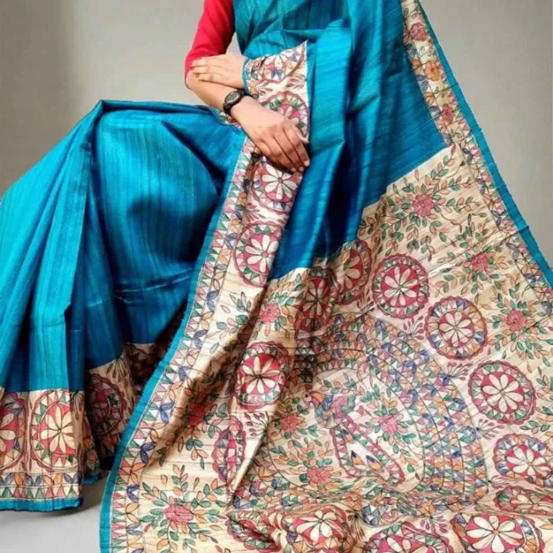 Madhubani Painting Blue Tussar Silk Saree